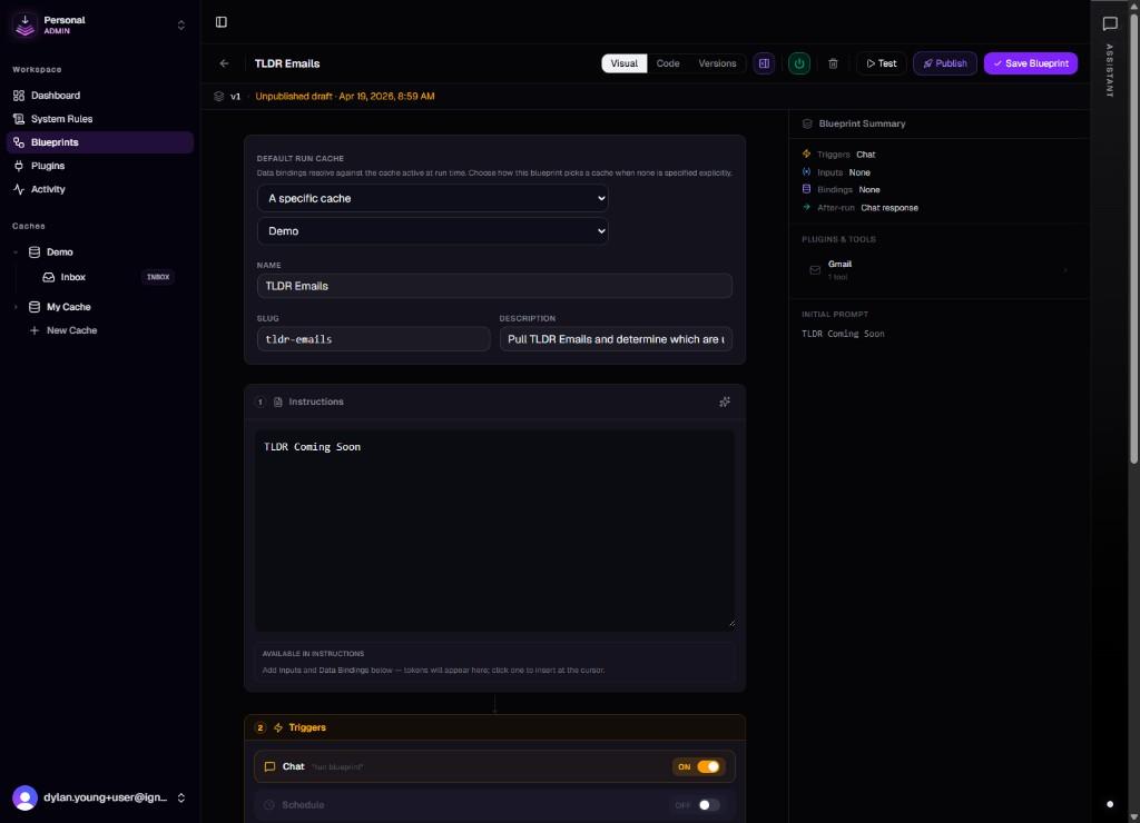Blueprint Visual editor: metadata, instructions step, Chat and Schedule triggers, summary sidebar with Gmail tool.
