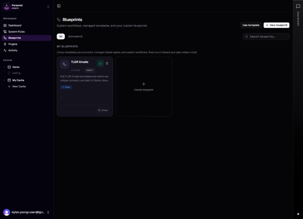 Dashboard Blueprints: All and Activated tabs, search, blueprint cards with actions, and Create blueprint.