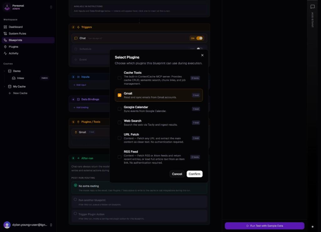 Blueprint editor: Select Plugins modal with checkboxes for Cache Tools, Gmail, Google Calendar, Web Search, and more.