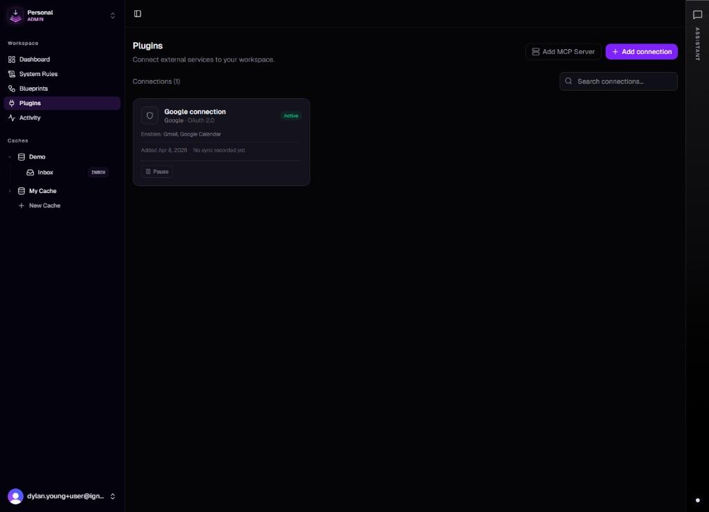 Plugins page: Connections list with search, connection cards showing provider, OAuth type, status, and Pause.