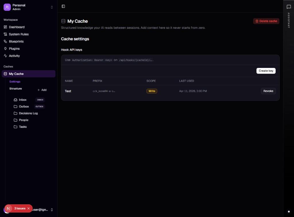 Dashboard: Cache settings with Hook API keys — Bearer usage hint, Create key, and table with name, prefix, scope, last used, and Revoke.