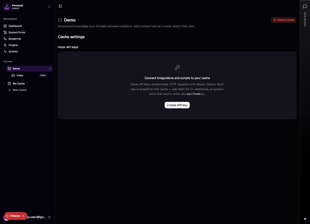 Cache settings: cache header with name and description, Cache settings heading, Hook API keys section with Create API key.