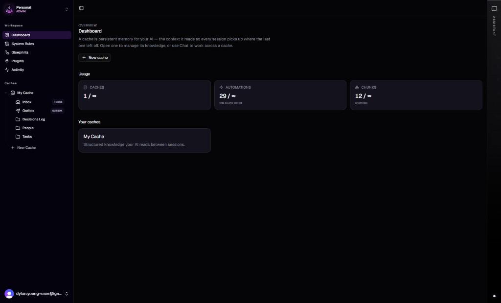 ContextCache dashboard: left sidebar with Workspace and Caches, main area showing Overview, usage cards, and Your caches.