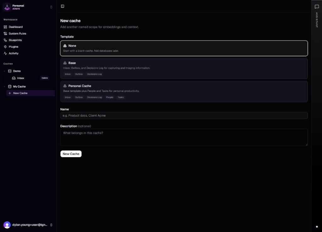 New cache screen: template options (None, Base, Personal Cache), name and description fields, and New Cache button.