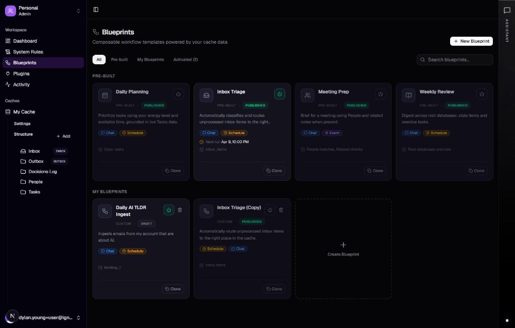 ContextCache Blueprints: workflow templates with pre-built and custom blueprints, cache sidebar, and assistant dock